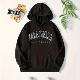 Los Angeles Letter Print Drawstring Hoodie, Casual Long Sleeve Pocket Sweatshirt, Women's Clothing