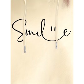 SMILE Print Kangaroo Pocket Hoodie, Casual Long Sleeve Drawstring Hoodie Sweatshirt, Women's Clothing