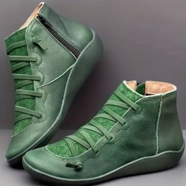 Women's Vintage Flat Ankle Boots, Solid Color Lace Up & Side Zipper Shoes, Comfy Short Boots