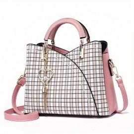 Classic Plaid Pattern Satchel Bag, Trendy Shoulder Bag, Women's Trendy Handbag With Tassel Pendant
