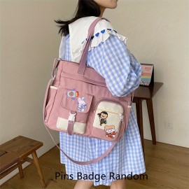 Kawaii Nylon Tote Bag, Large Capacity Shoulder Bag, Pockets Front Crossbody Bag For Women