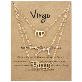 3-Pack Vintage Zodiac Alphabet Symbols Rhinestone Clavicle Chain Necklaces