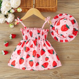 European And American Baby Girls Cute Fuirt Print Dress+hat