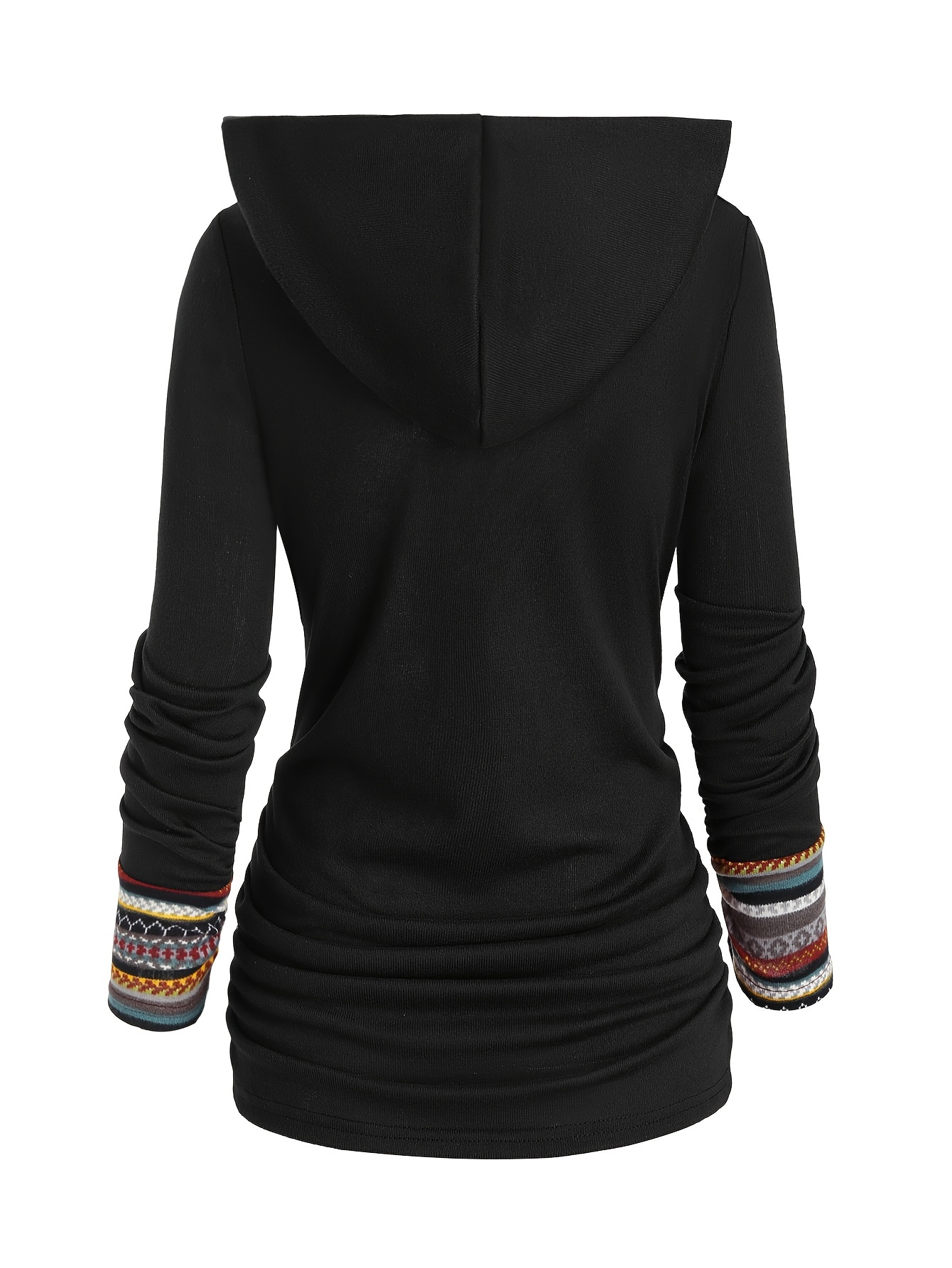 button decor ethnic print hoodie casual long sleeve hooded top womens clothing details 32