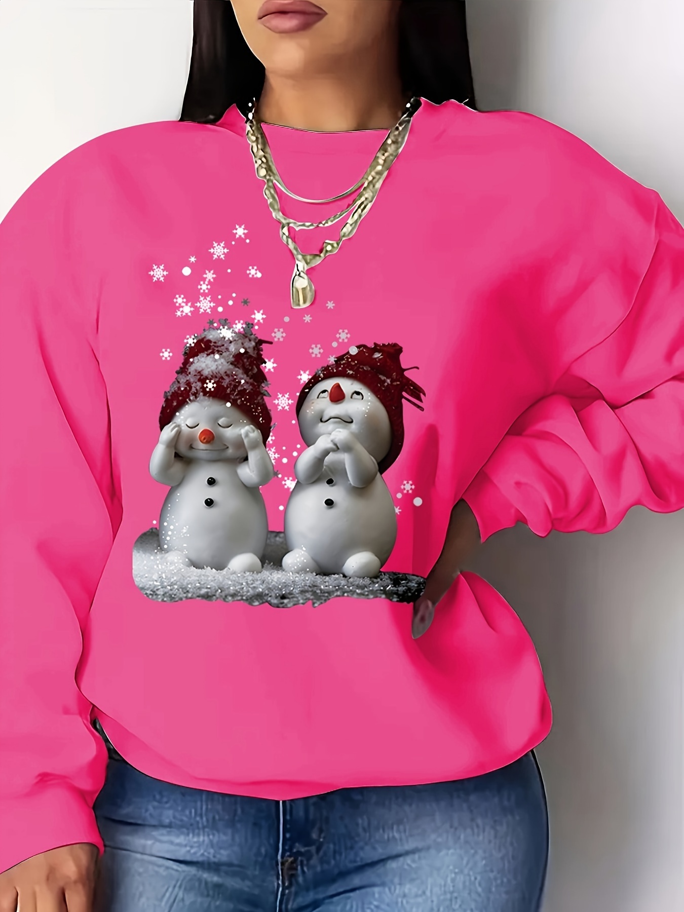 christmas snowman print sweatshirt crew neck casual sweatshirt for spring fall womens clothing details 0