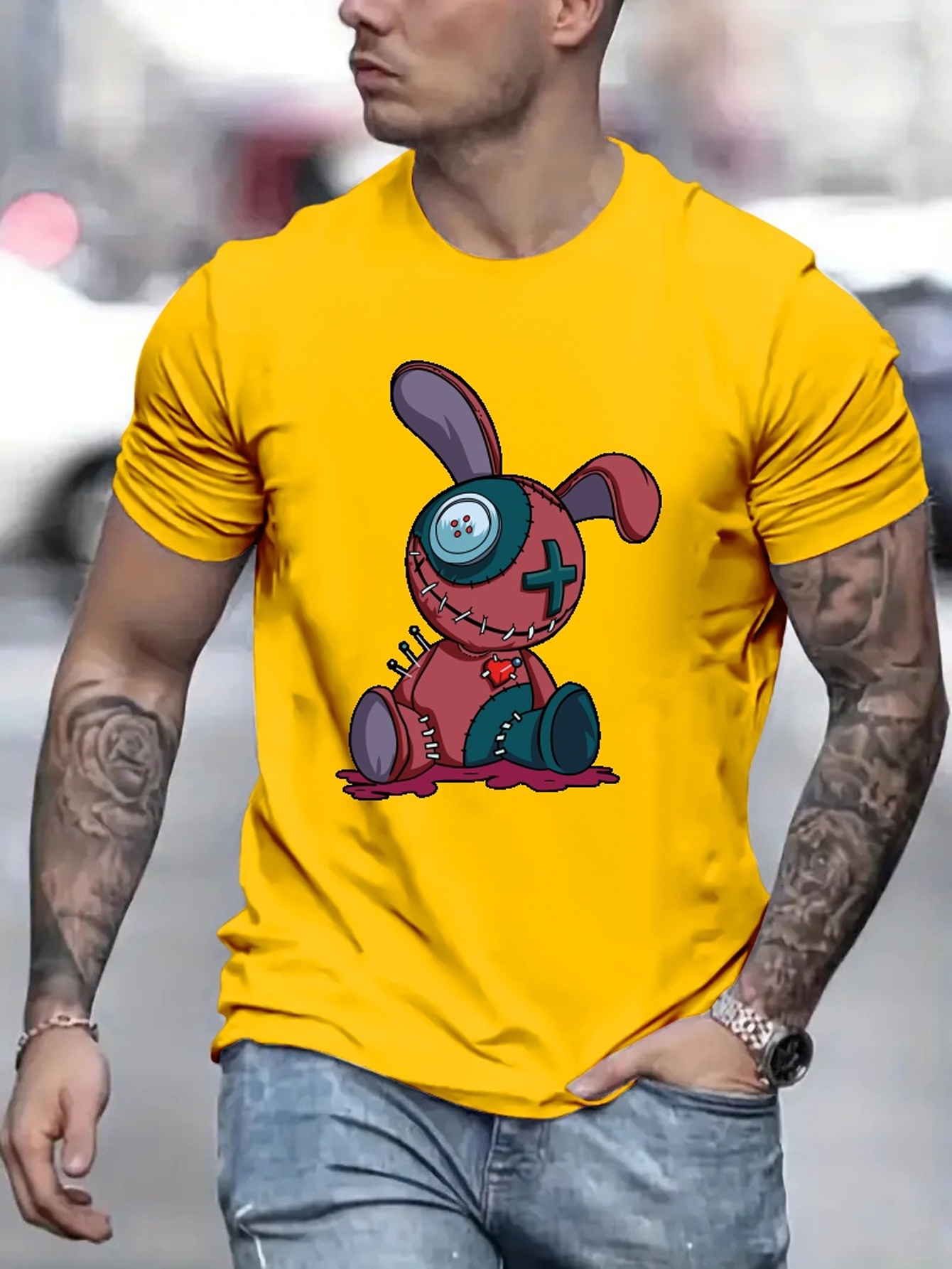 voodoo doll graphic print mens creative top casual mid stretch short sleeve crew neck t shirt mens tee for summer outdoor details 12