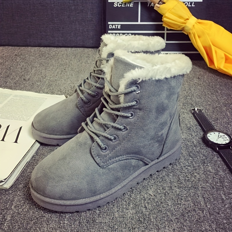 womens solid color snow boots casual lace up plush lined boots comfortable ankle boots details 3