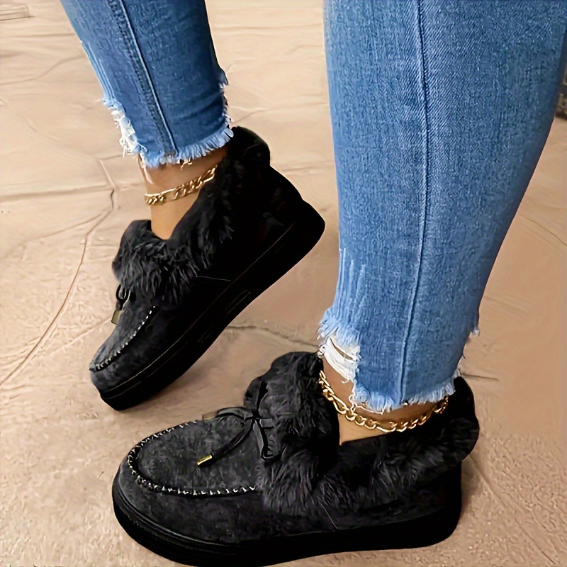 womens solid color short boots casual bowknot decor plush lined boots womens comfortable winter boots details 5