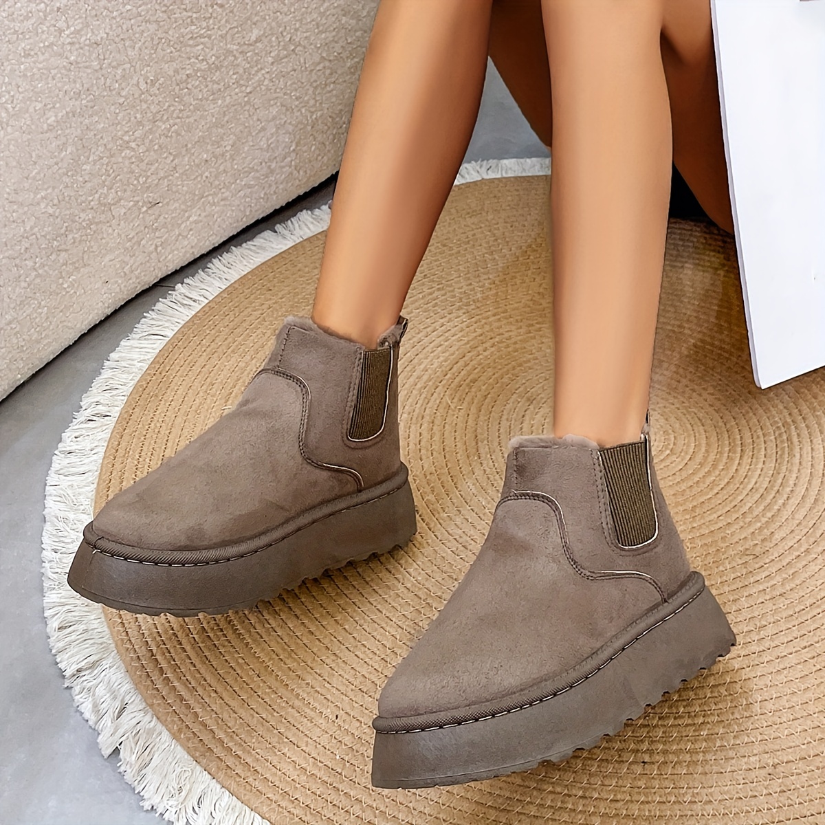 womens solid color platform short boots casual slip on plush lined shoes comfortable ankle boots details 5