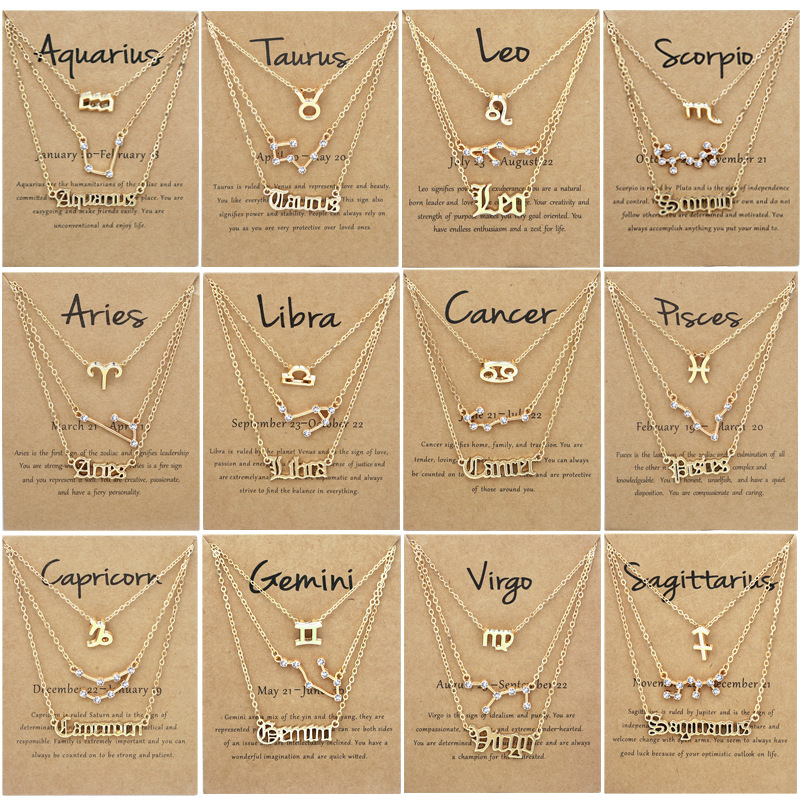 3 pack vintage zodiac alphabet symbols rhinestone clavicle chain necklaces details 0