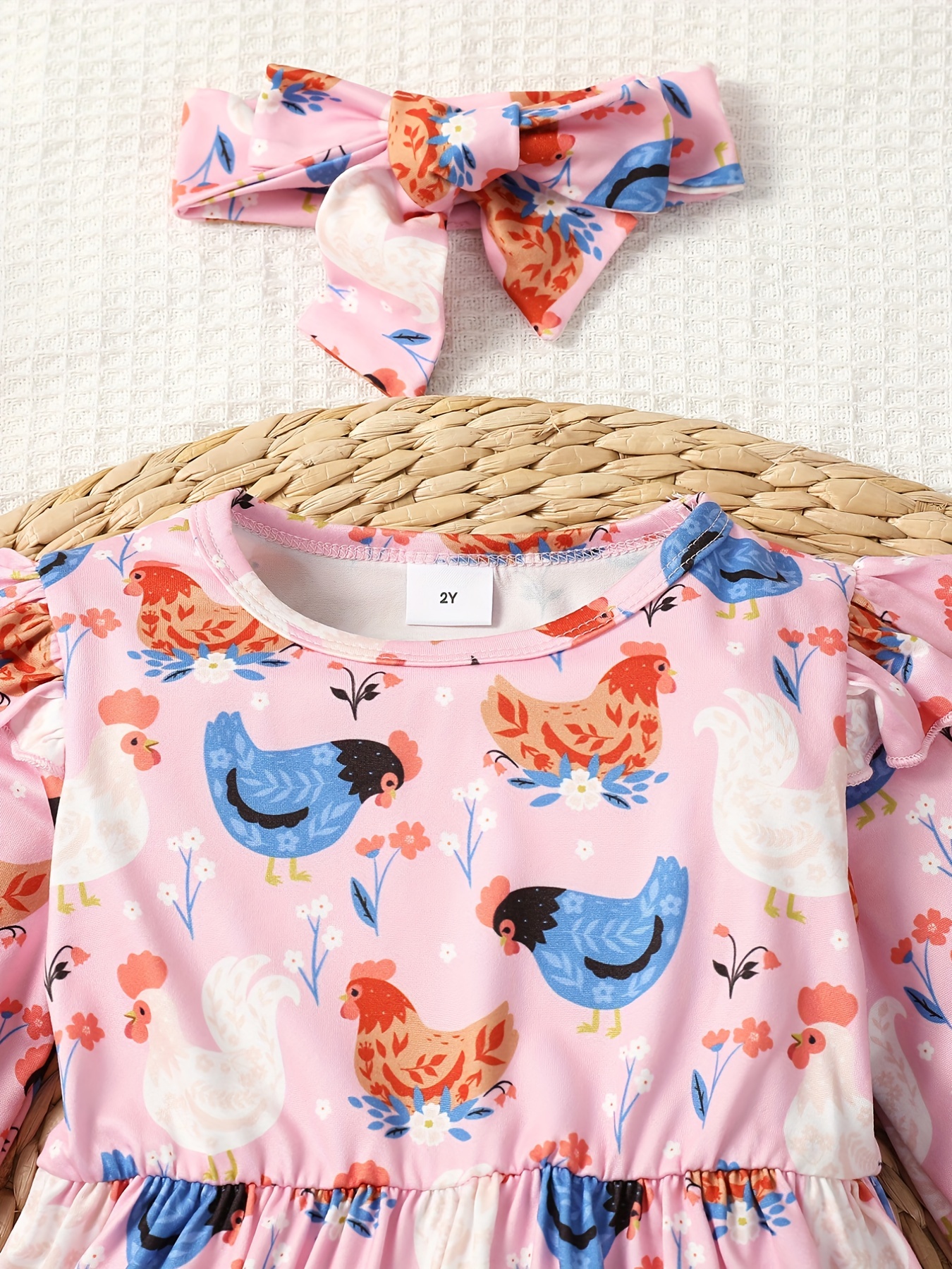 2pcs girls casual animal random full print frill trim flying sleeve round neck casual dress details 7