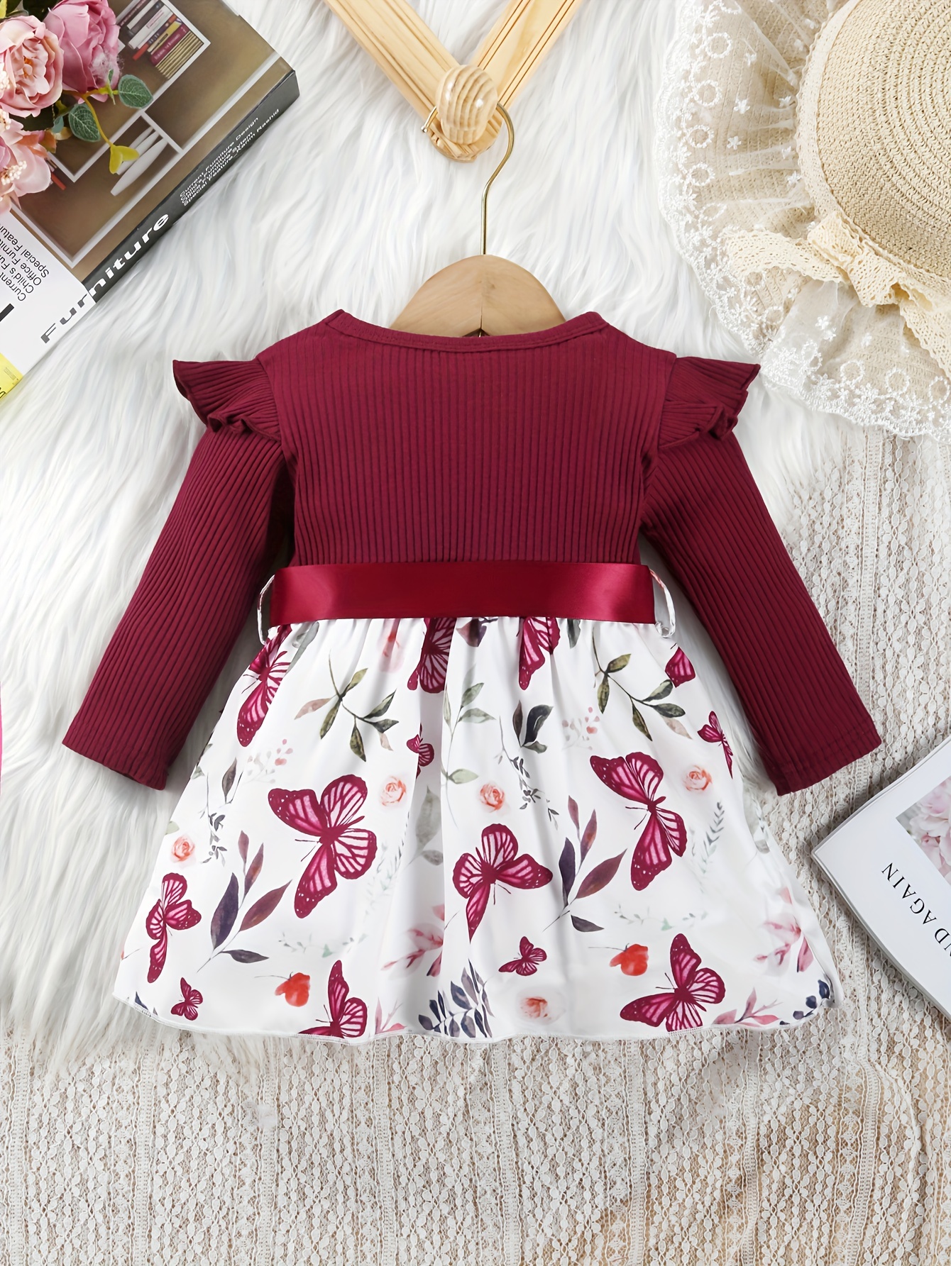 baby girls cute butterfly graphic print ruffled sleeve belted dress kids summer comfortable clothes details 3