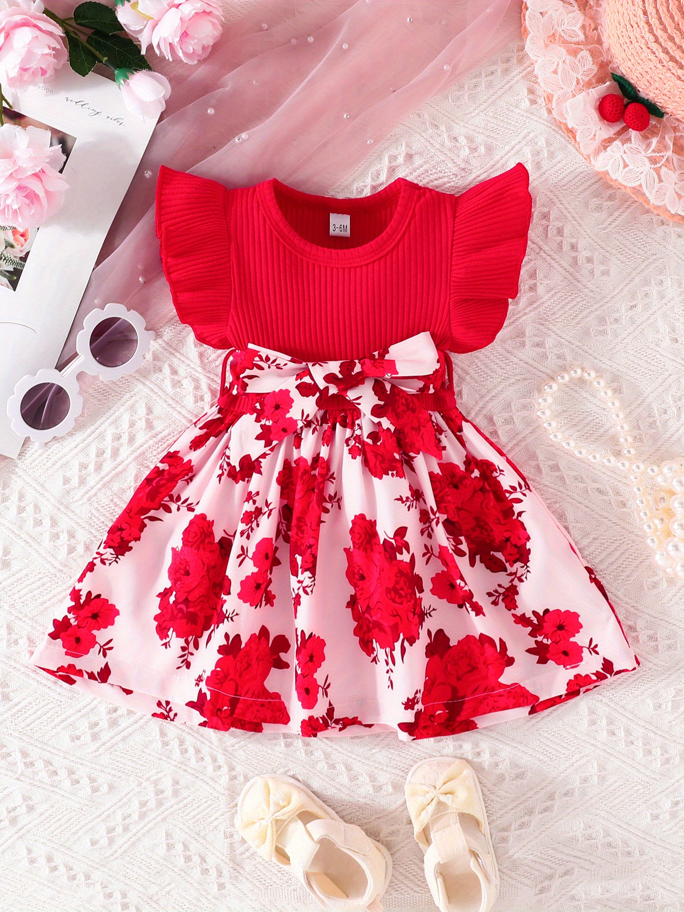 casual floral print puff sleeve shirred high waist flared midi dress with belt for toddler baby girls details 0